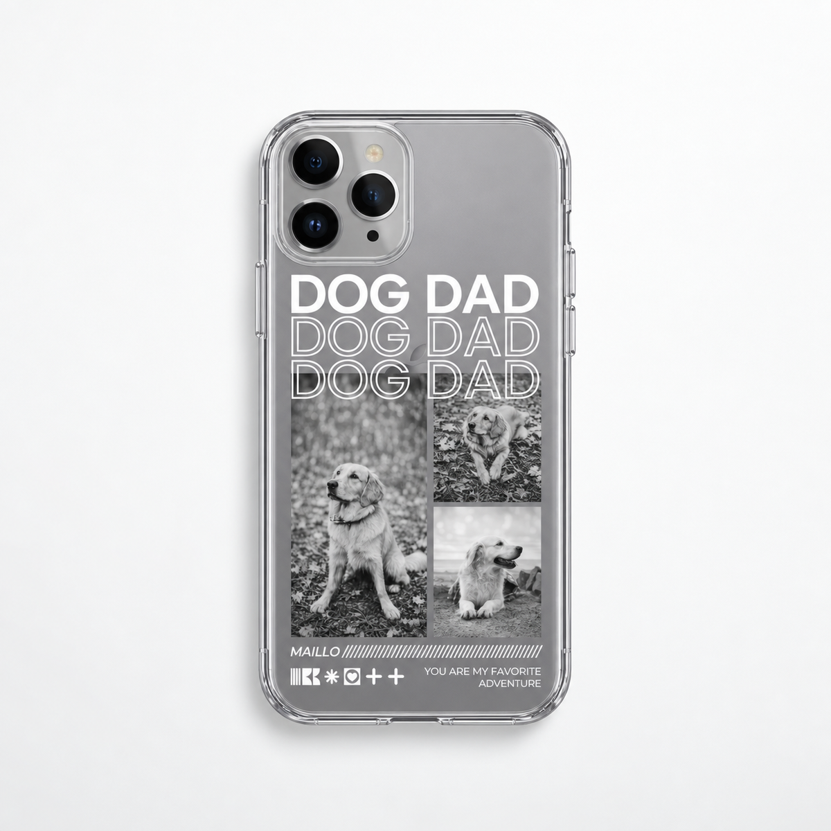 Handyhülle aus transparentem Kunststoff mit Motiven und Text „Dog Dad“ in Schwarz und Weiß.