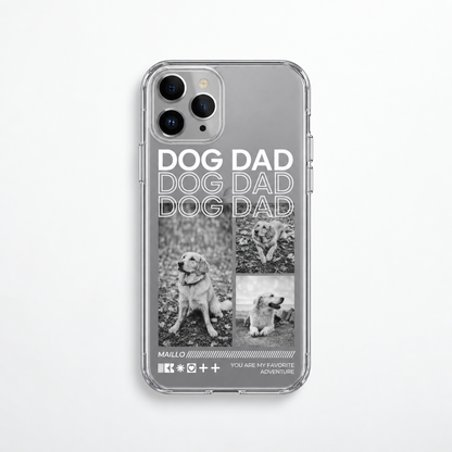 Handyhülle aus transparentem Kunststoff mit Motiven und Text „Dog Dad“ in Schwarz und Weiß.