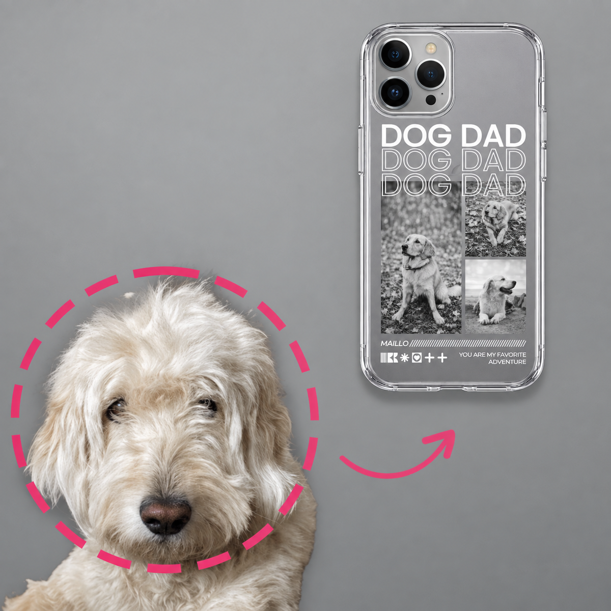 Personalisierte transparente Handyhülle mit schwarzen und farbigen Bildern und Schriftzug "DOG DAD".