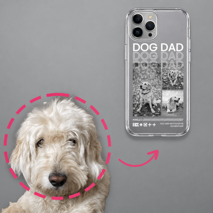 Personalisierte transparente Handyhülle mit schwarzen und farbigen Bildern und Schriftzug "DOG DAD".