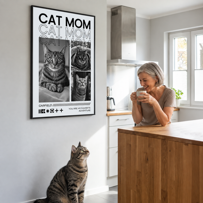 Personalisierte Poster mit dem Motiv "Cat Mom", abgebildete Katzenfotos in Schwarz-Weiß, Rahmen in Schwarz.