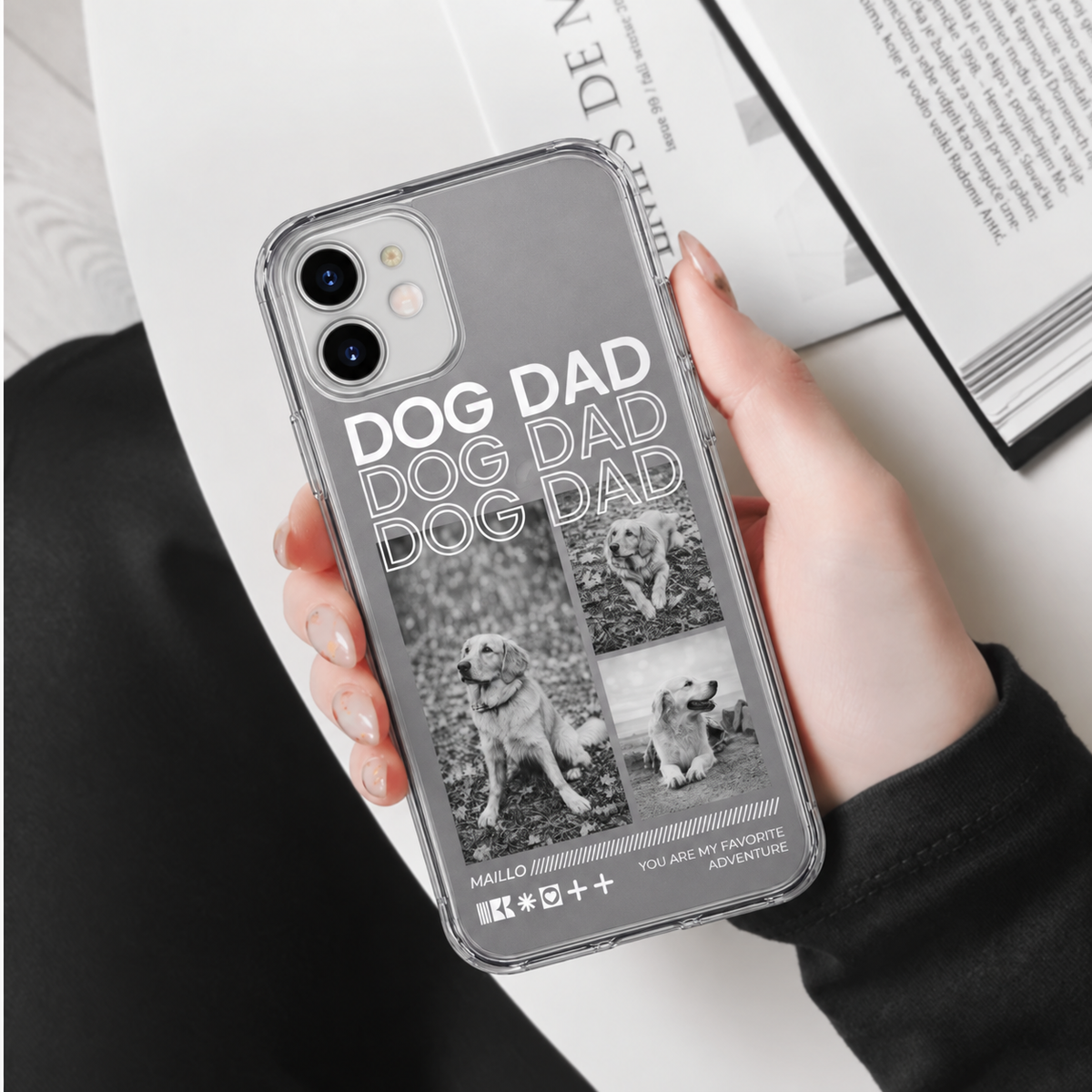 Personalisierte Handyhülle für Dog Dads mit durchsichtiger Rückseite und Fotos von Hunden.