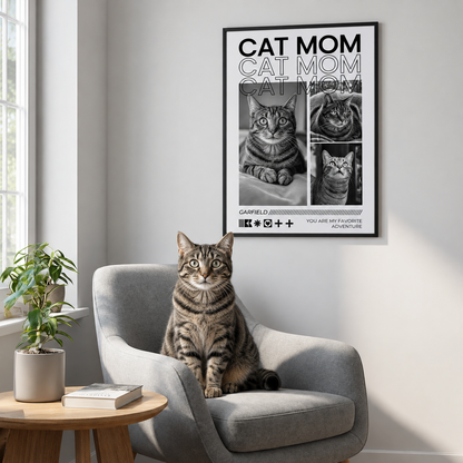 Personalisiertes Poster mit dem Text "Cat Mom" und Bildern von einer Katze, in einem modernen Rahmen.