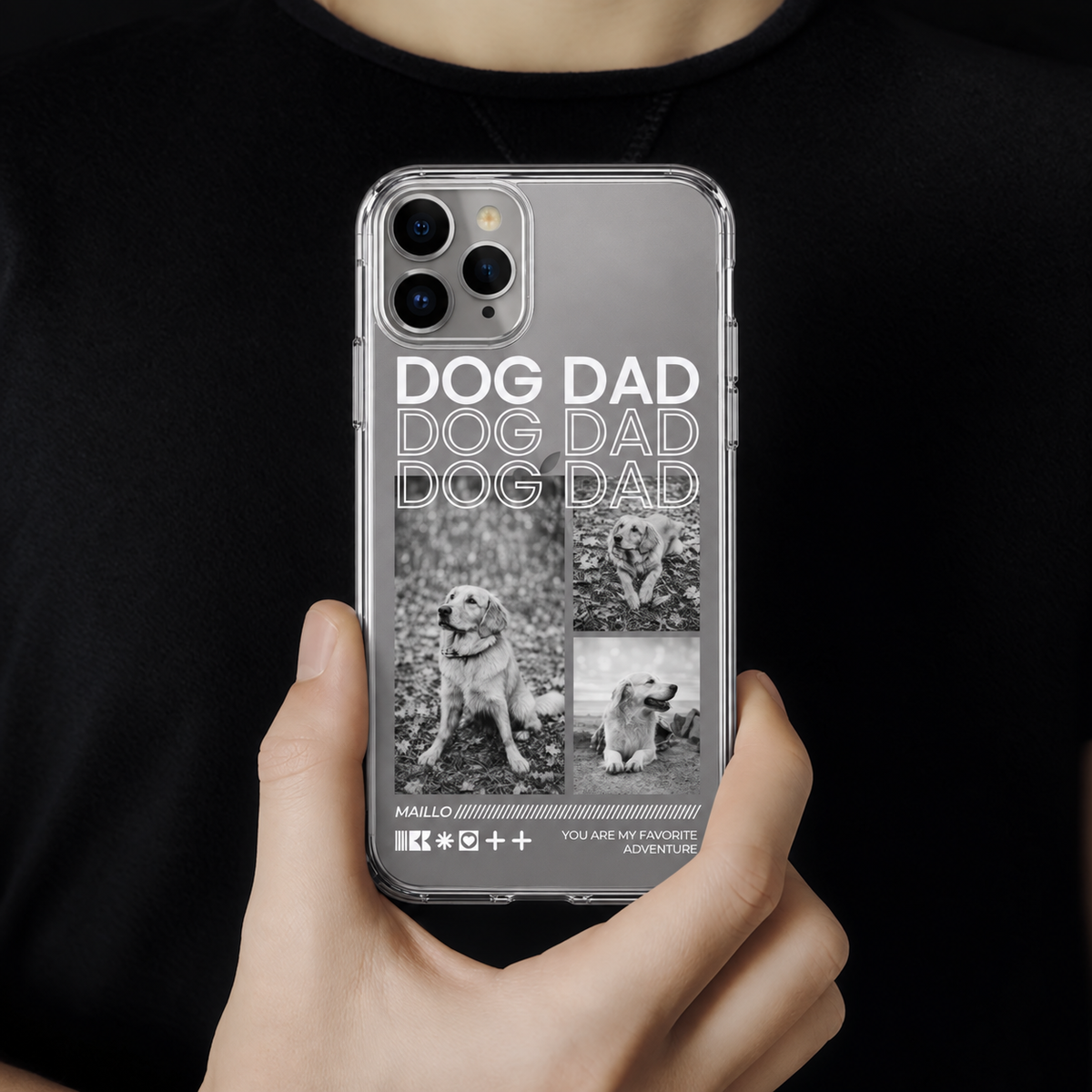 Personalisierte transparente Handyhülle mit "Dog Dad"-Motiv und Hundebildern in schwarz-weiß.