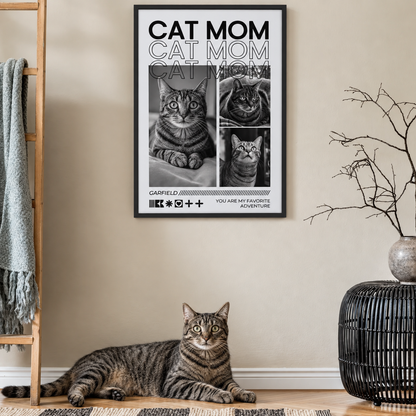 Personalisiertes Poster mit Fotos von Katzen, Text "CAT MOM" und niedlichen Katzenmotiven im Rahmen.
