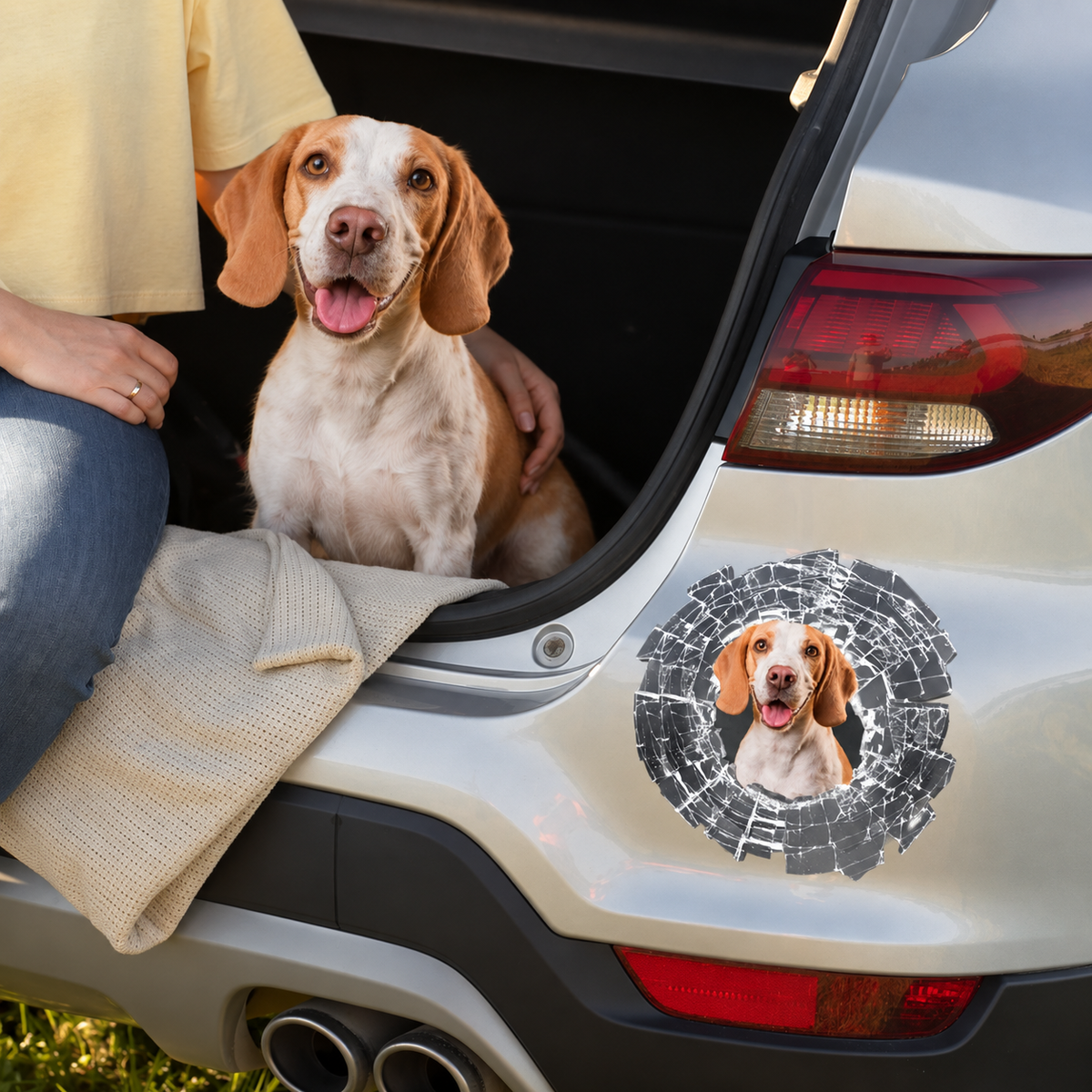 Personalisierter Autoaufkleber mit Bild eines Beagles, auf grauem Fahrzeug, durchbrochene Glaseffekt-Optik.