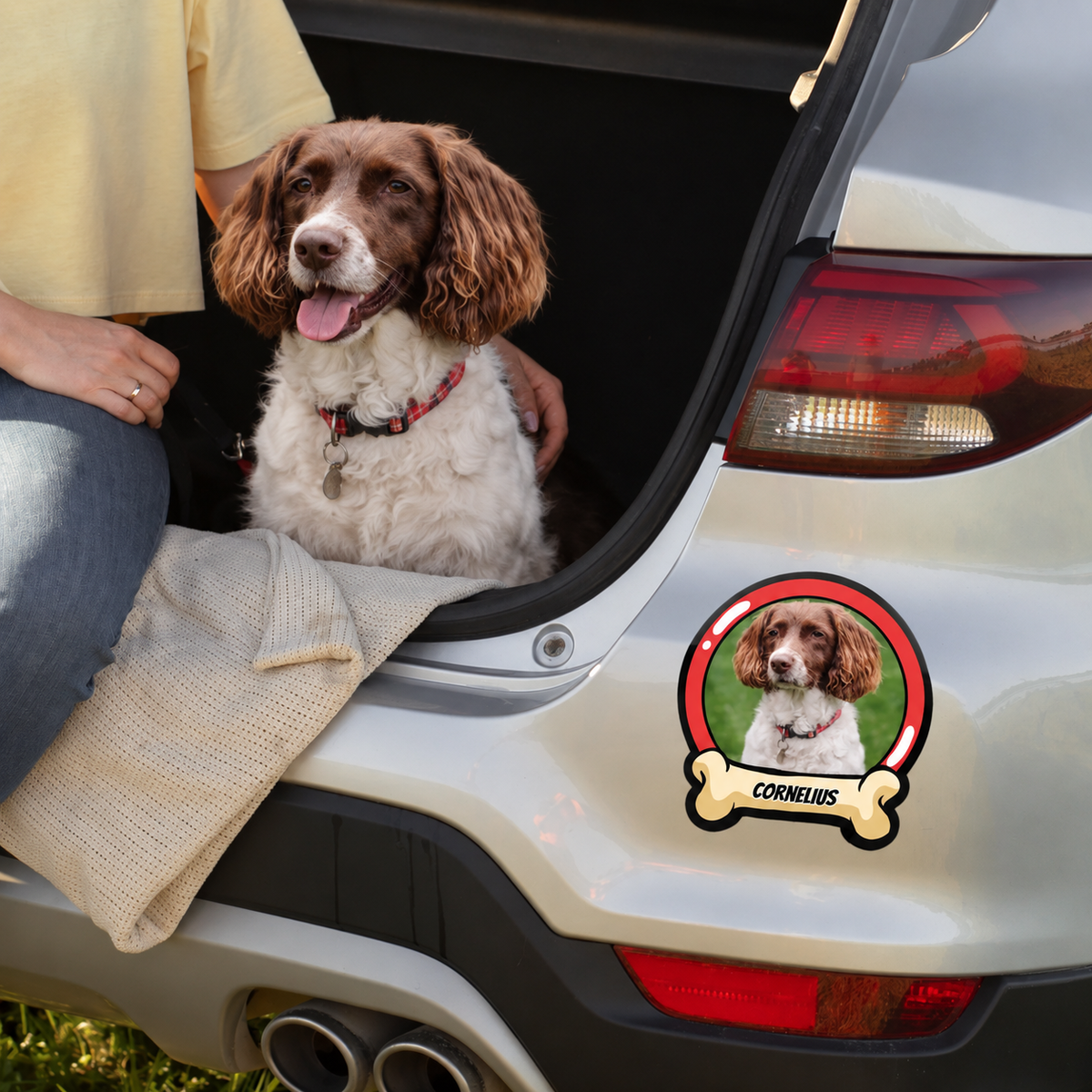 Personalisierter Autoaufkleber mit Hundebild und Namen, angebracht am Kofferraum eines grauen Autos.