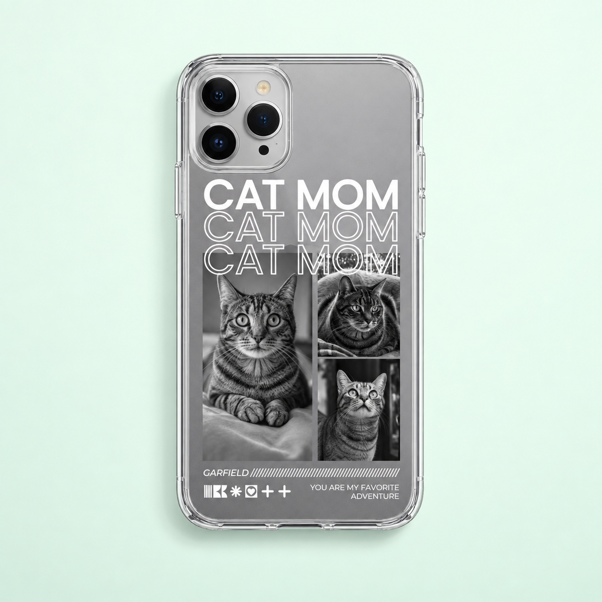 Transparente Handyhülle mit Aufdruck "Cat Mom" und Fotos von Katzen.