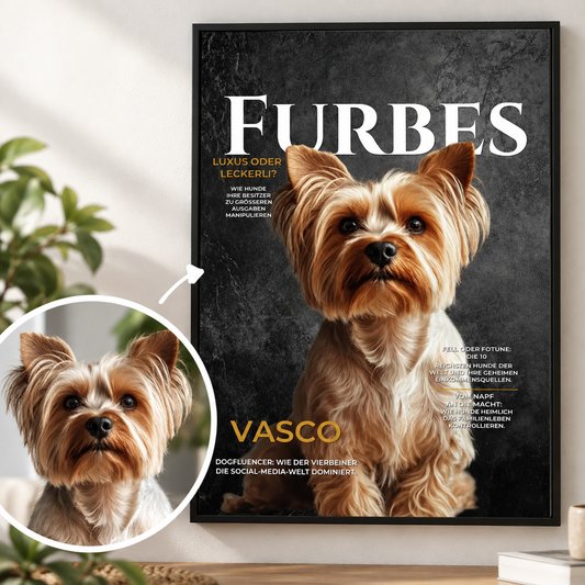 Personalisierbares Poster mit einem Hund, schwarzem Hintergrund und goldener Schriftzug "FURBES".