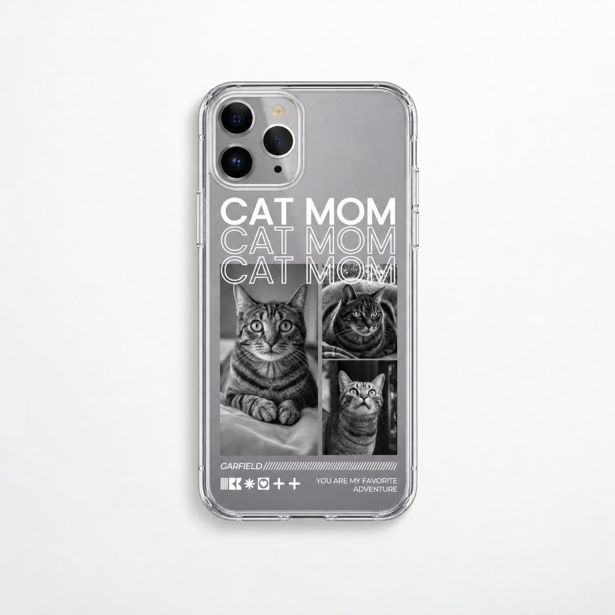 Personalisierte transparente Handyhülle mit Katzenmotiven und dem Aufdruck "Cat Mom".
