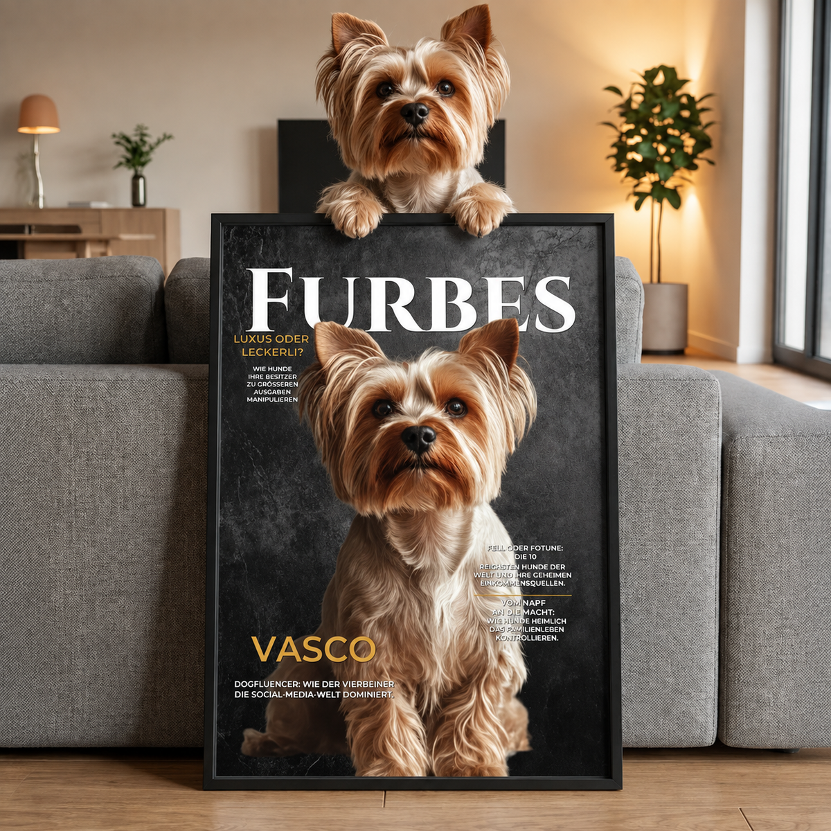 Personalisiertes Poster eines Hundes auf einem Magazincover in einem Wohnraum. Frame in Schwarz.