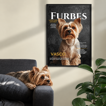 Personalisiertes Poster eines Hundes im Magazin-Stil, gerahmt, mit dem Titel "FURBES". Hund entspannt auf Sofa.