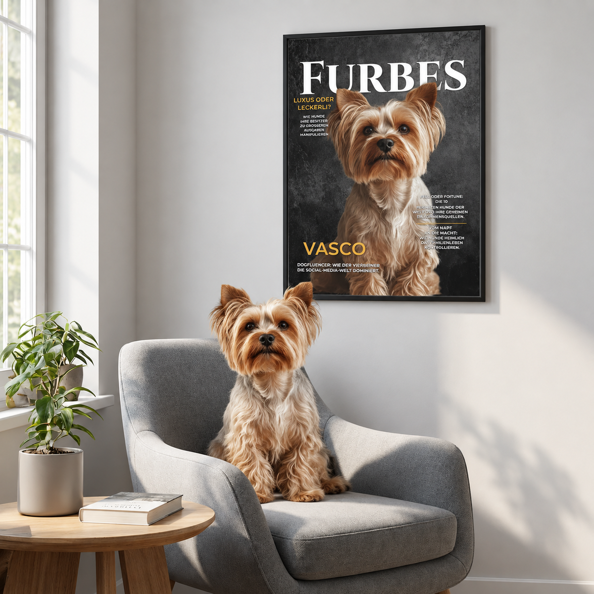 Ein Hund auf einem grauen Sessel vor einem personalisierten Poster mit dem Namen "Vasco".