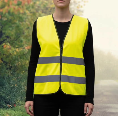 Gelbe Warnweste mit reflektierenden Streifen, vorne geschlossen, getragen von einer Person vor einer bewaldeten Umgebung.