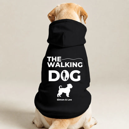 Schwarzer Hunde Hoodie mit Aufdruck "THE WALKING DOG" und personalisiertem Namen.