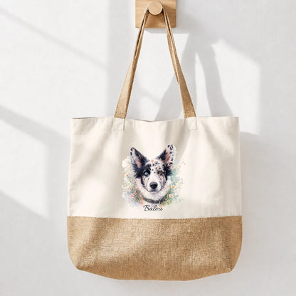Einkaufstasche aus Baumwolle mit juteartigem Boden und Aquarellmotiv eines Hundes, personalisiert mit dem Namen Balou.