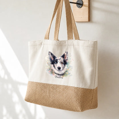 Beige Einkaufstasche mit Aquarell-Druck eines Hundes und dem Namen "Balou". Untere Hälfte aus Jute.