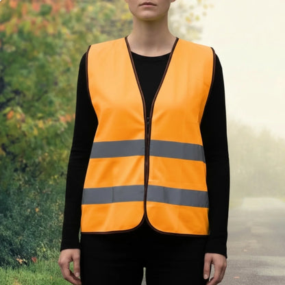 Personalisierte Warnweste in leuchtendem Orange mit grauen Reflexstreifen.