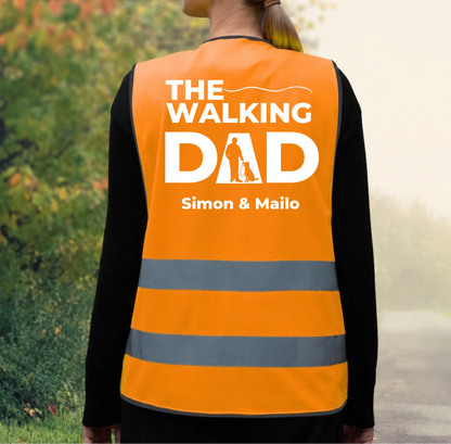 Orangefarbene Warnweste mit reflektierenden Streifen und personalisiertem Druck "The Walking Dad".