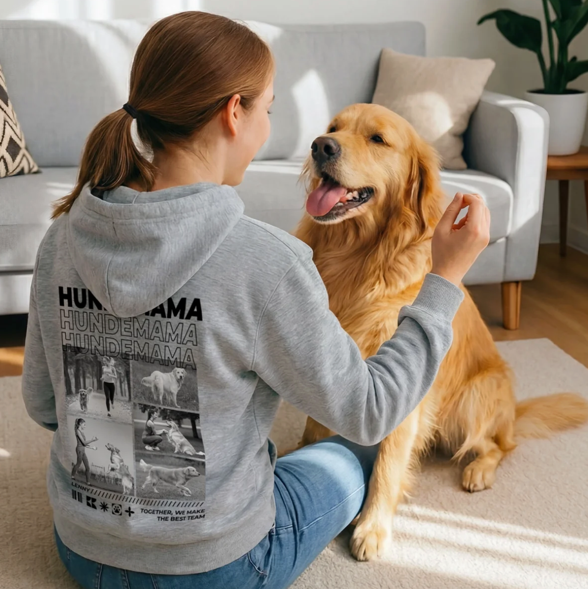 Grauer Hoodie mit "Hundemama"-Aufdruck, Trägerin sitzt mit goldenem Retriever auf Teppich.