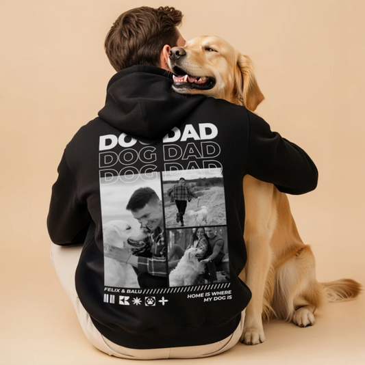 Schwarzer Hoodie mit Aufdruck "Dog Dad" und Fotos von Hundefotos auf der Rückseite.