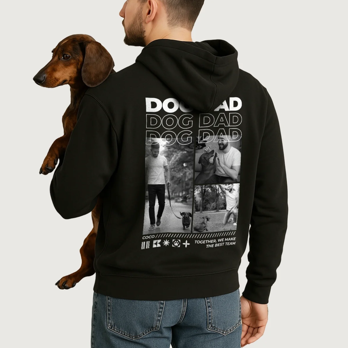 Schwarzer Hoodie mit personalisiertem Druck "Dog Dad" und Fotos von Hundeaktivitäten auf der Rückseite.