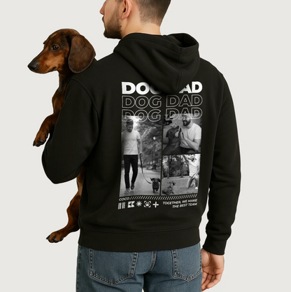 Schwarzer Hoodie mit personalisiertem Druck "Dog Dad" und Fotos von Hundeaktivitäten auf der Rückseite.