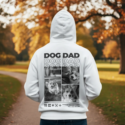 Weißer Hoodie mit Aufdruck "DOG DAD" und Bildern von Hunden auf der Rückseite.