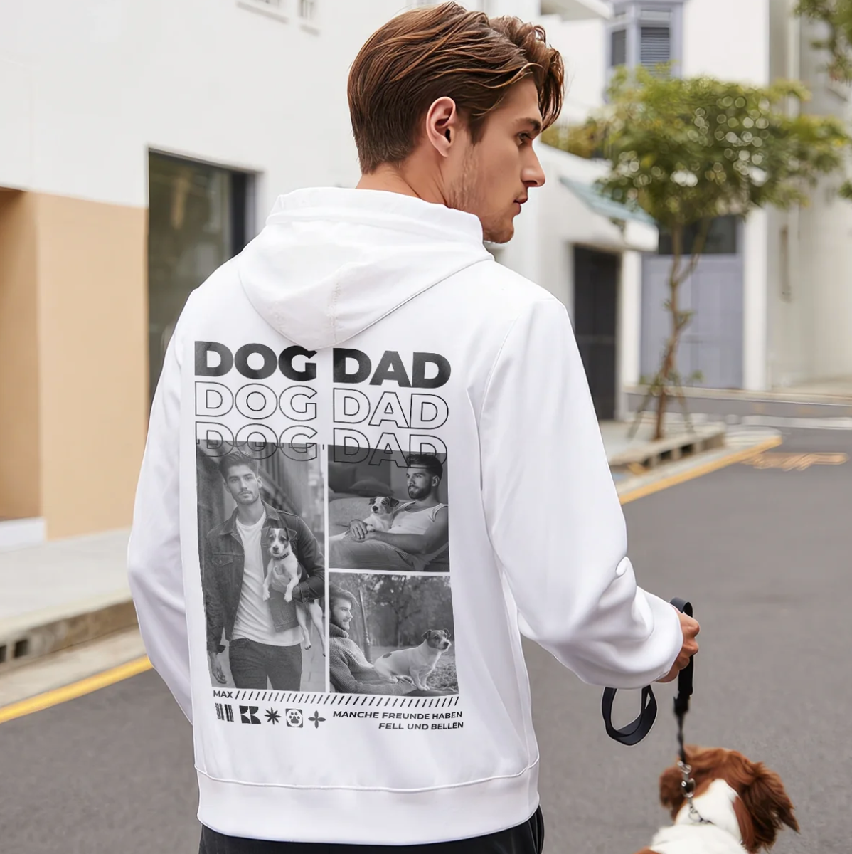Personalisierter weißer Hoodie mit "Dog Dad"-Grafik und Fotos auf der Rückseite.