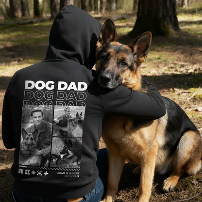 Schwarzer Hoodie mit Aufdruck „DOG DAD“ und Fotos einer Person mit einem Hund.
