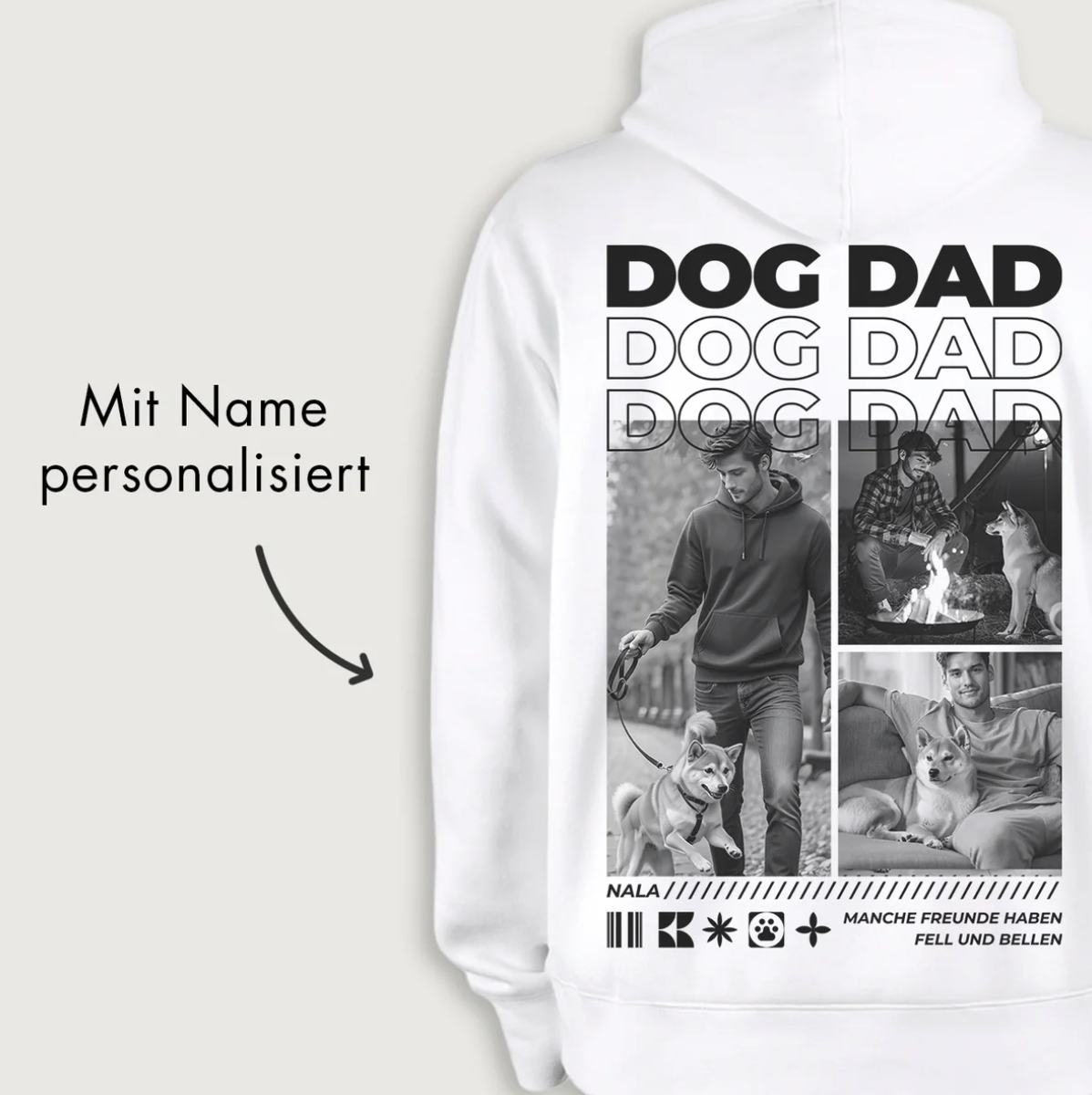 Weißer Hoodie mit dem Aufdruck "DOG DAD" und personalisierbarem Namen. Grafiken von Hundebesitzern und Hunden.