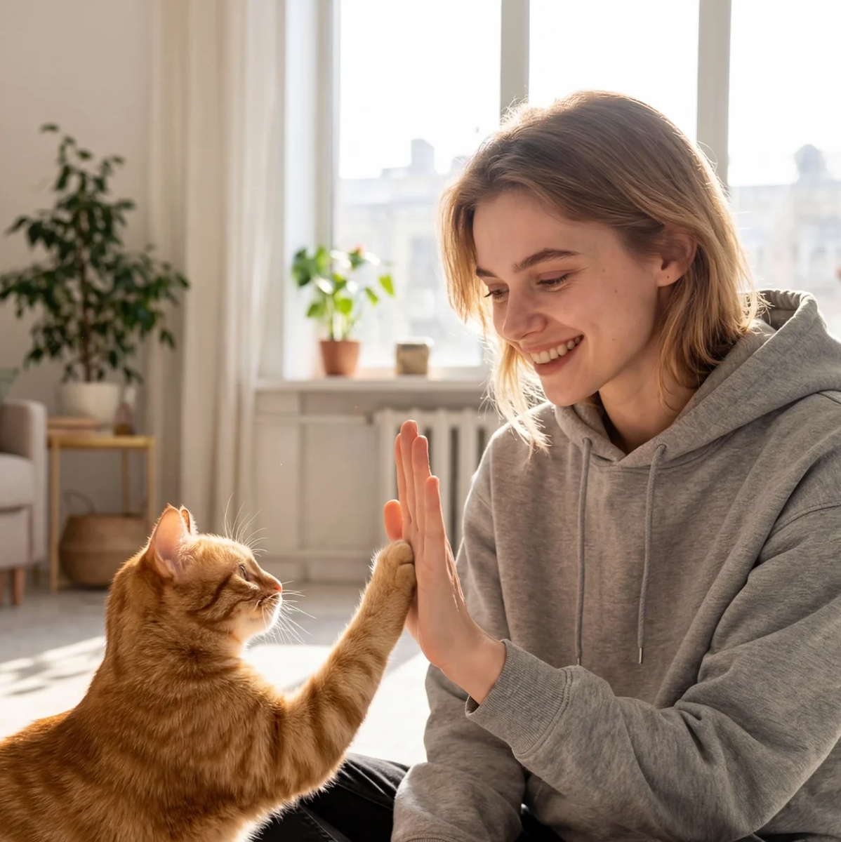 Person, die in einem grauen Hoodie sitzt und mit einer orangefarbenen Katze interagiert. Helle, sonnige Raumatmosphäre.