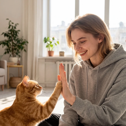 Person, die in einem grauen Hoodie sitzt und mit einer orangefarbenen Katze interagiert. Helle, sonnige Raumatmosphäre.