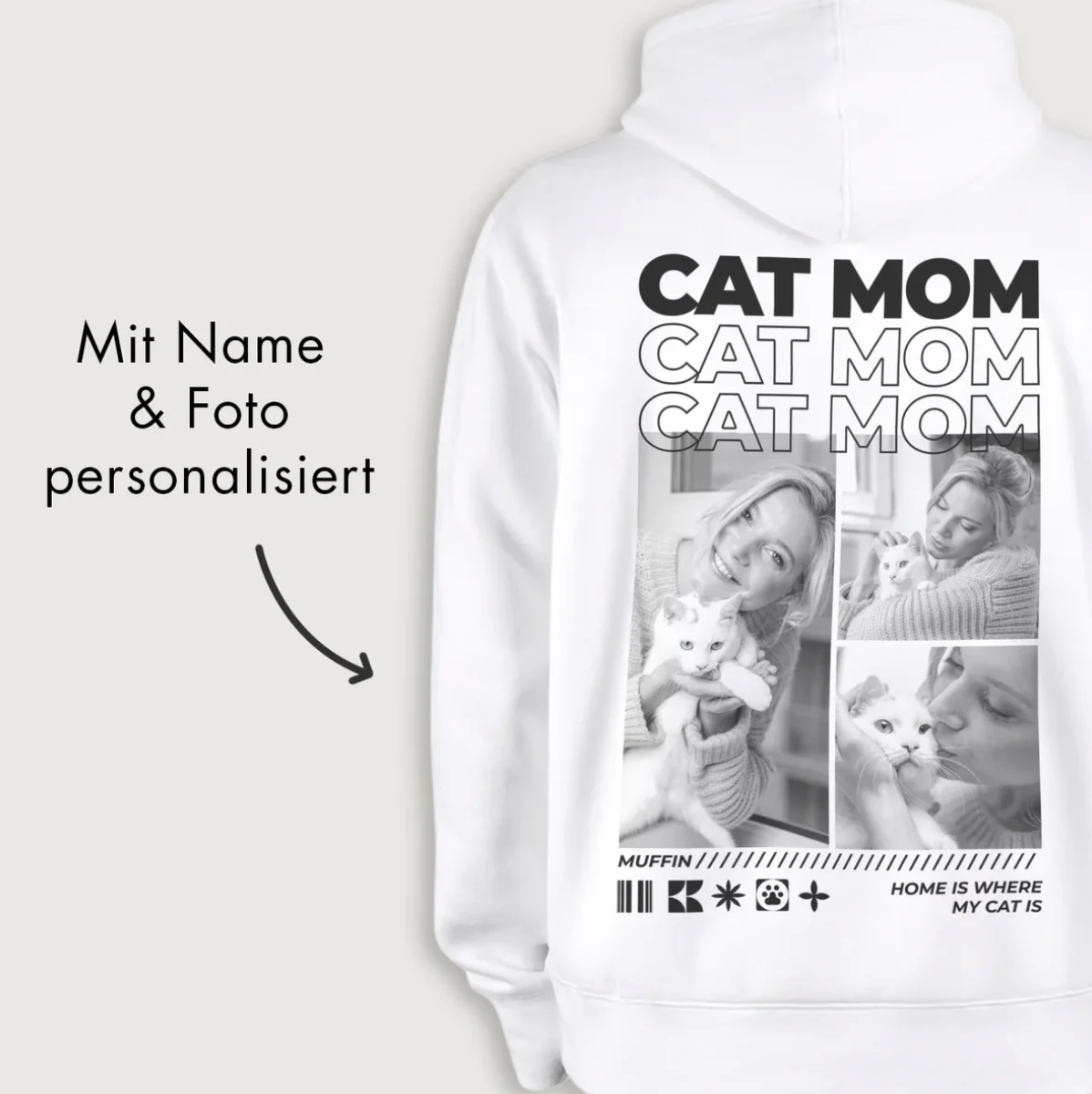 Weißer Hoodie mit personalisierbarem Druck, Motiv für Katzenliebhaber, Fotos und Schriftzug "CAT MOM".