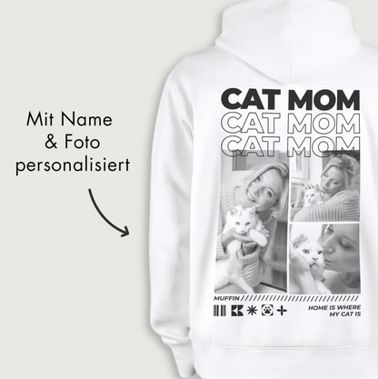 Weißer Hoodie mit personalisierbarem Druck, Motiv für Katzenliebhaber, Fotos und Schriftzug "CAT MOM".