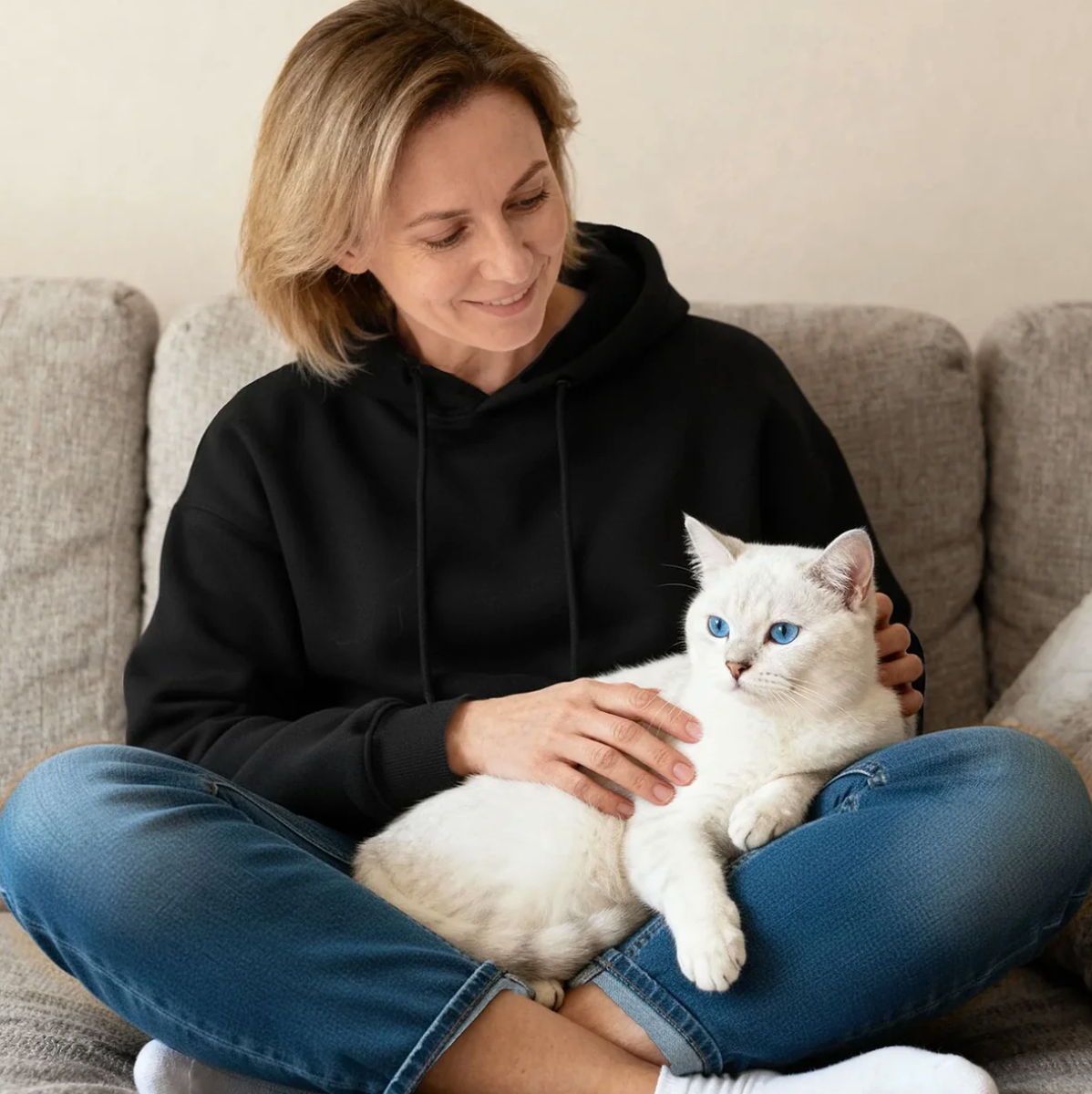 Person, die einen weißen Kater im schwarzen Hoodie auf dem Sofa hält.