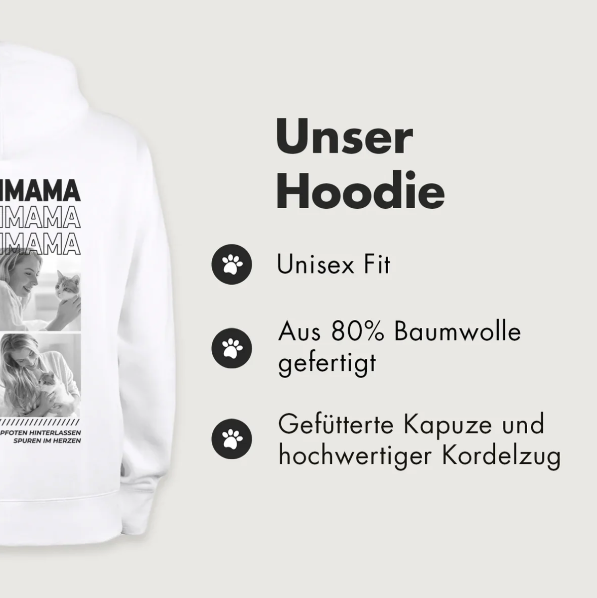 Weißer Hoodie mit Aufdruck "Cat Mom" und Bildern von Katzen und einer Person. Hergestellt aus 80% Baumwolle.