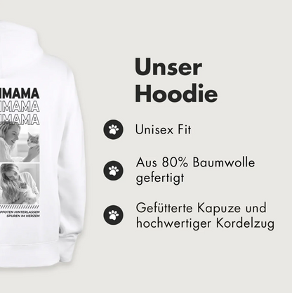 Weißer Hoodie mit Aufdruck "Cat Mom" und Bildern von Katzen und einer Person. Hergestellt aus 80% Baumwolle.