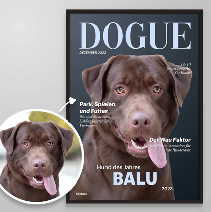 Personalisierbares Poster für Hund, zeigt Labrador mit lächelndem Gesicht, modernem Design und großem Schriftzug „DOGUE“.