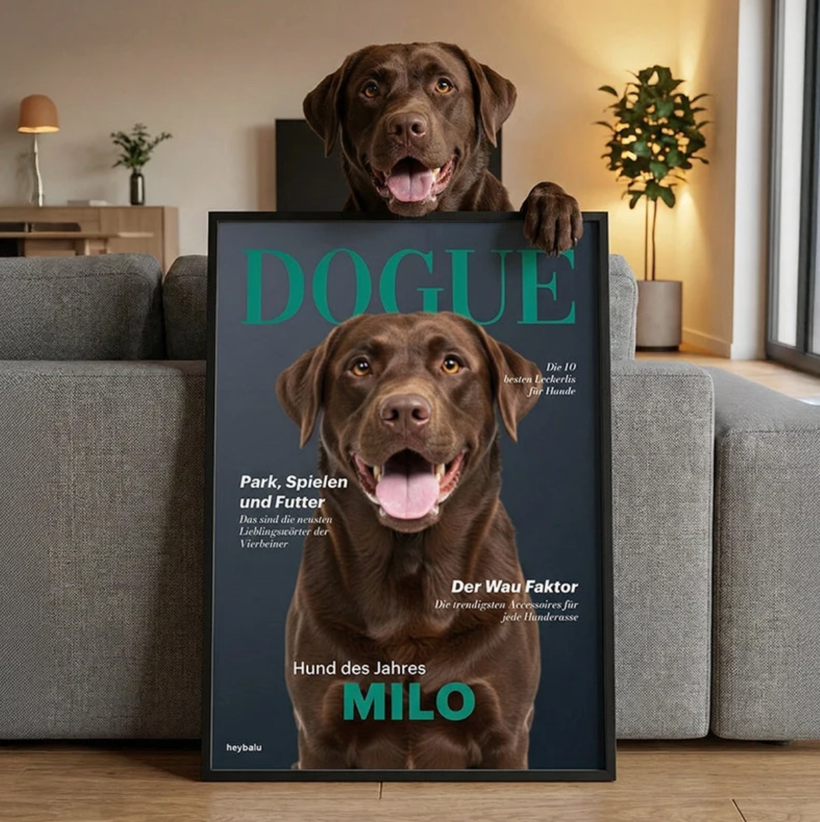 Personalisierte Poster mit einem schokoladenbraunen Labrador, im Wohnzimmer mit grauem Sofa und Holzlampe.