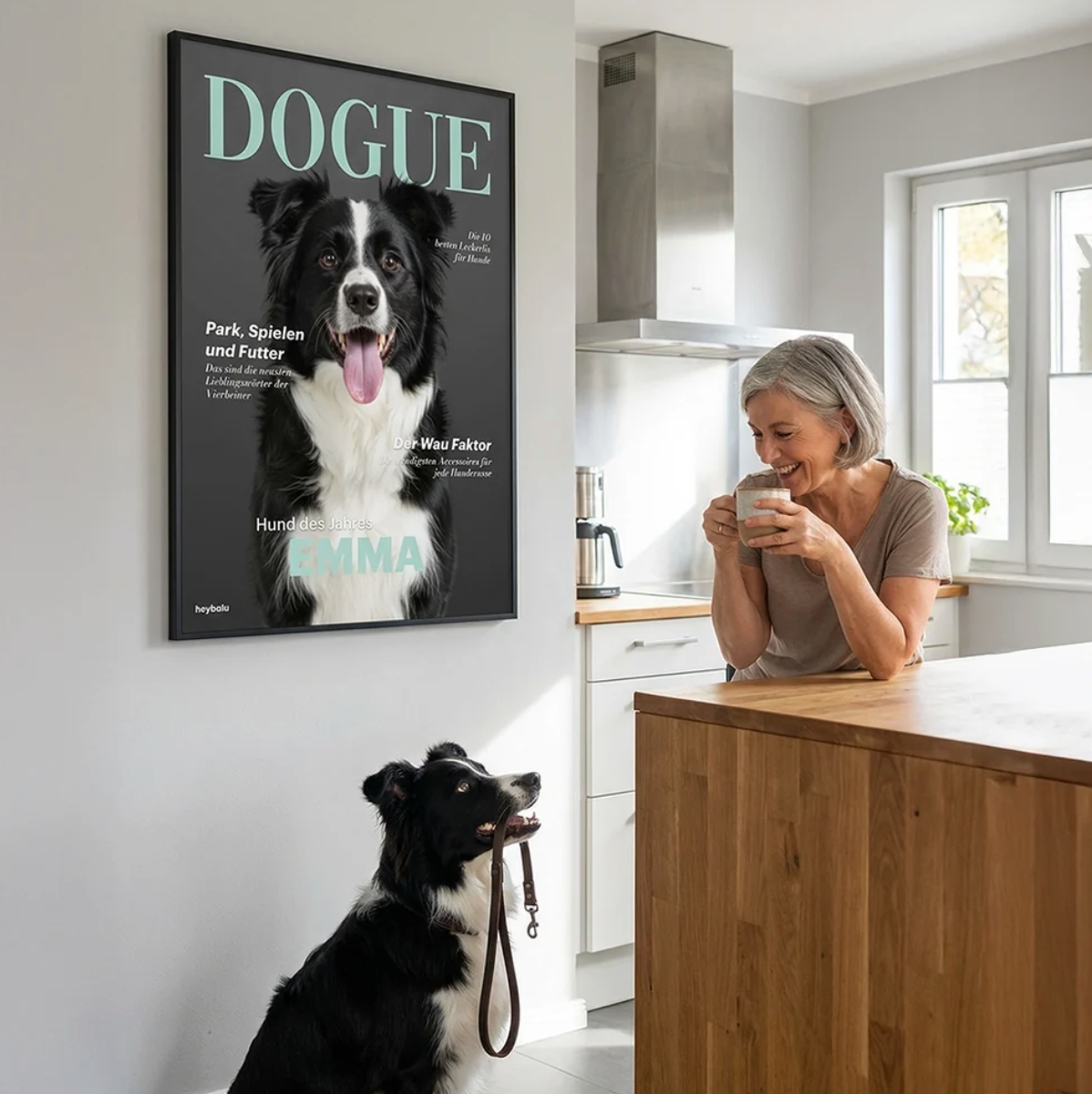 Personalisiertes Poster mit Hund auf Zeitschriftencover, schwarze Rahmen, moderne Küche im Hintergrund.