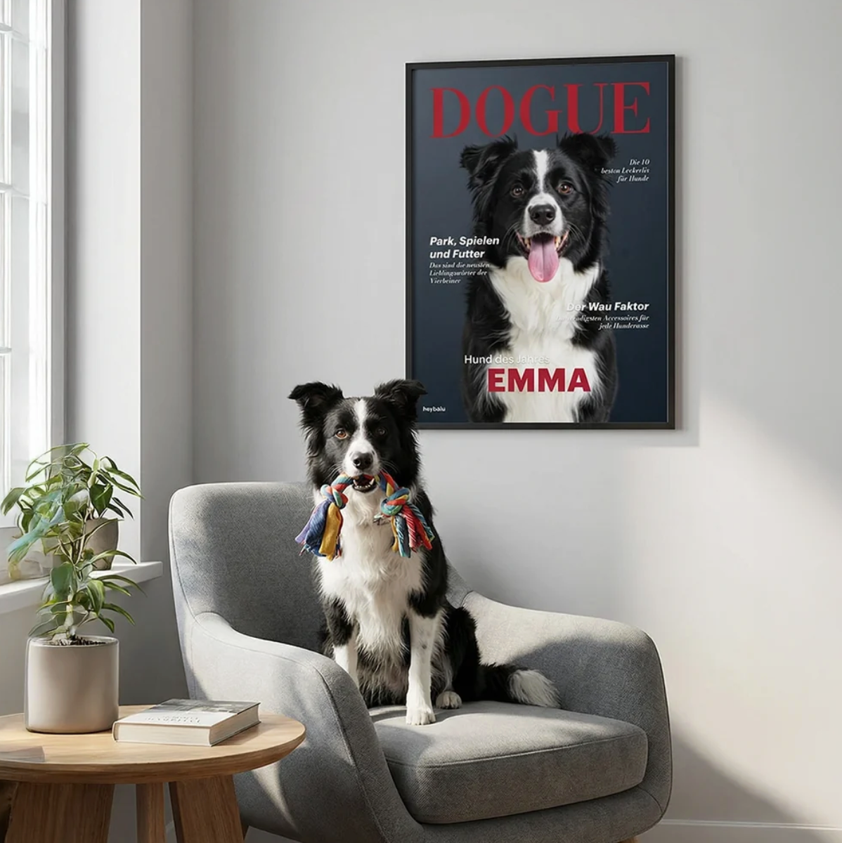 Personalisierbares Poster mit Hundebild, Hund sitzt auf einem Sessel, grüne Pflanze im Hintergrund.