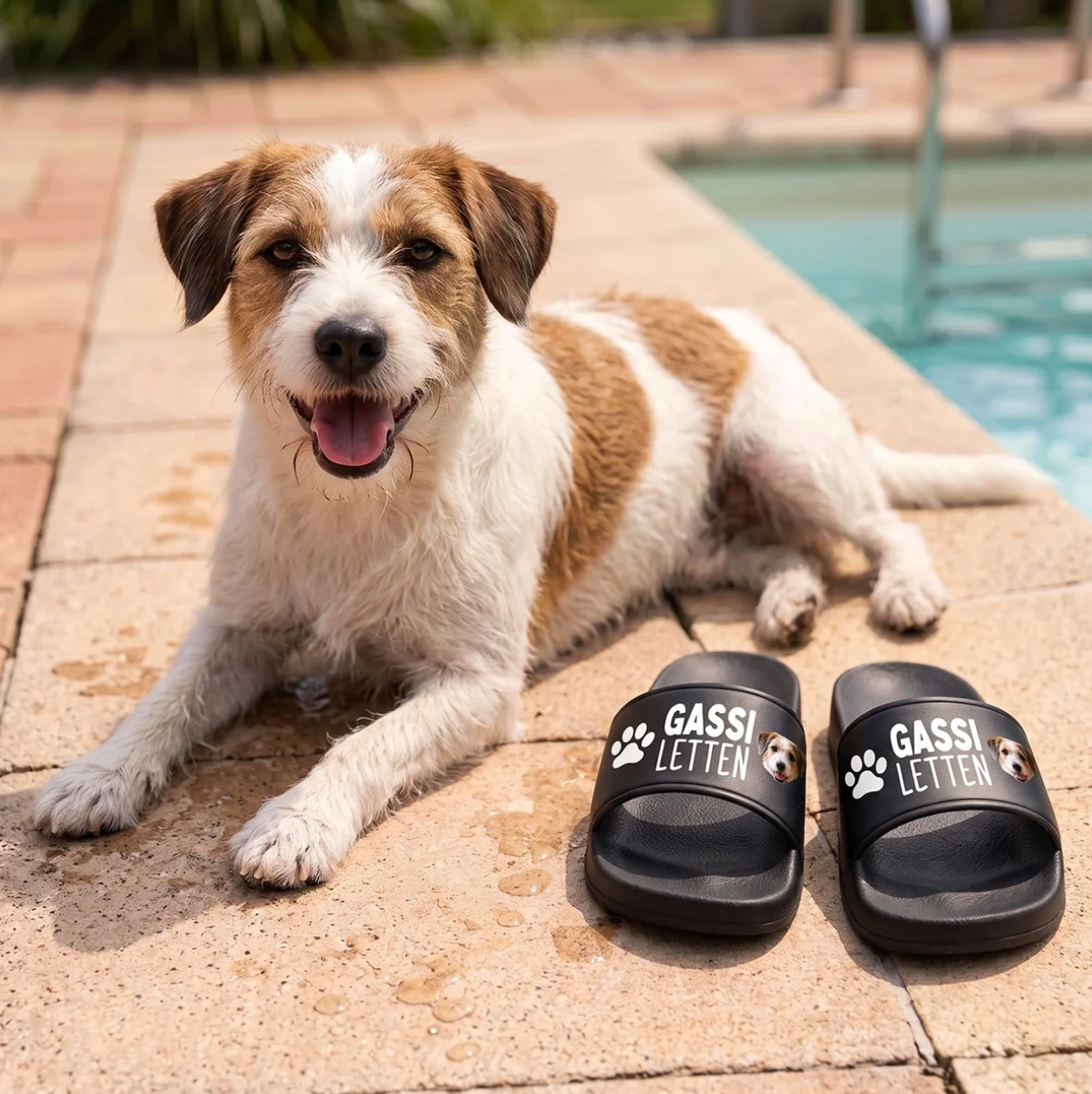Personalisierte Badelatschen in Schwarz mit Aufdruck "Gassi Letten" und Hundemotiv neben einem Hund.