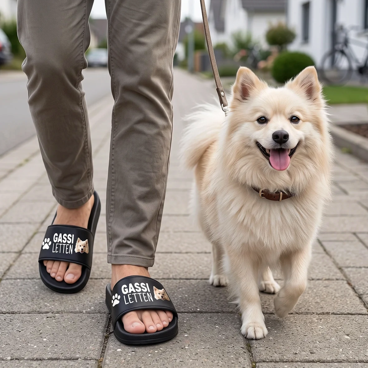 Person mit personalisierten schwarzen Badelatschen, die "GASSI LETTEN" zeigen, geht mit einem hellen Hund.