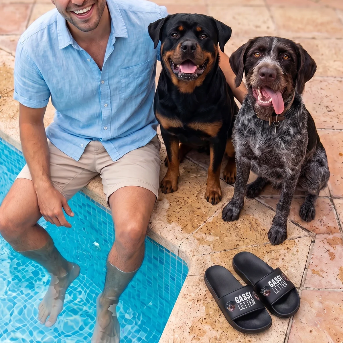 Schwarze Badelatschen mit Aufschrift "GASSILETTEN" neben einem Mann und zwei Hunden am Pool.