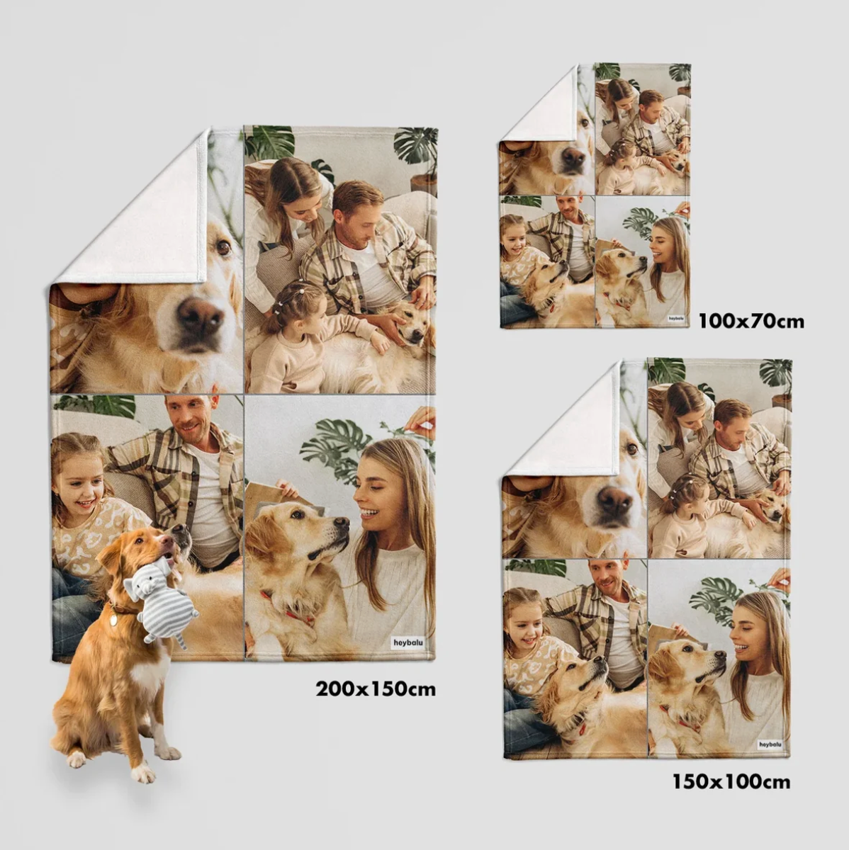 Personalisierte Decken in verschiedenen Größen mit eigenen Fotos, unter anderem mit Familienbildern und Haustieren.