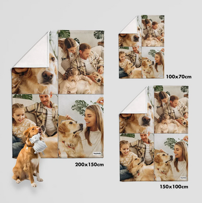 Personalisierte Decken in verschiedenen Größen mit eigenen Fotos, unter anderem mit Familienbildern und Haustieren.