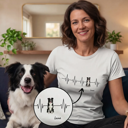 Weißes T-Shirt mit personalisiertem Herzschlag-Design und Hundemotiv. Frau sitzt mit Hund auf der Couch.