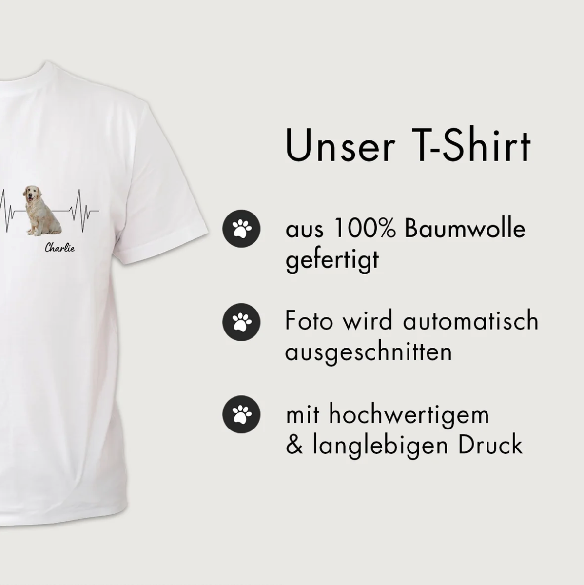 Weißes T-Shirt aus 100% Baumwolle mit Hundemotiv und Herzschlag-Design. Persönliche Namensoption.