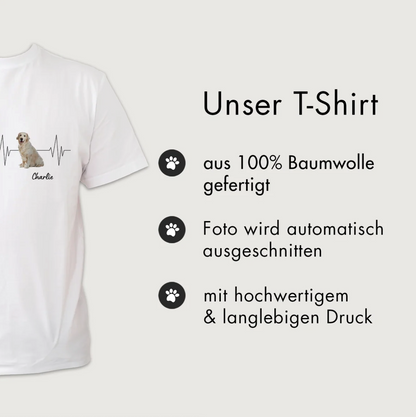Weißes T-Shirt aus 100% Baumwolle mit Hundemotiv und Herzschlag-Design. Persönliche Namensoption.